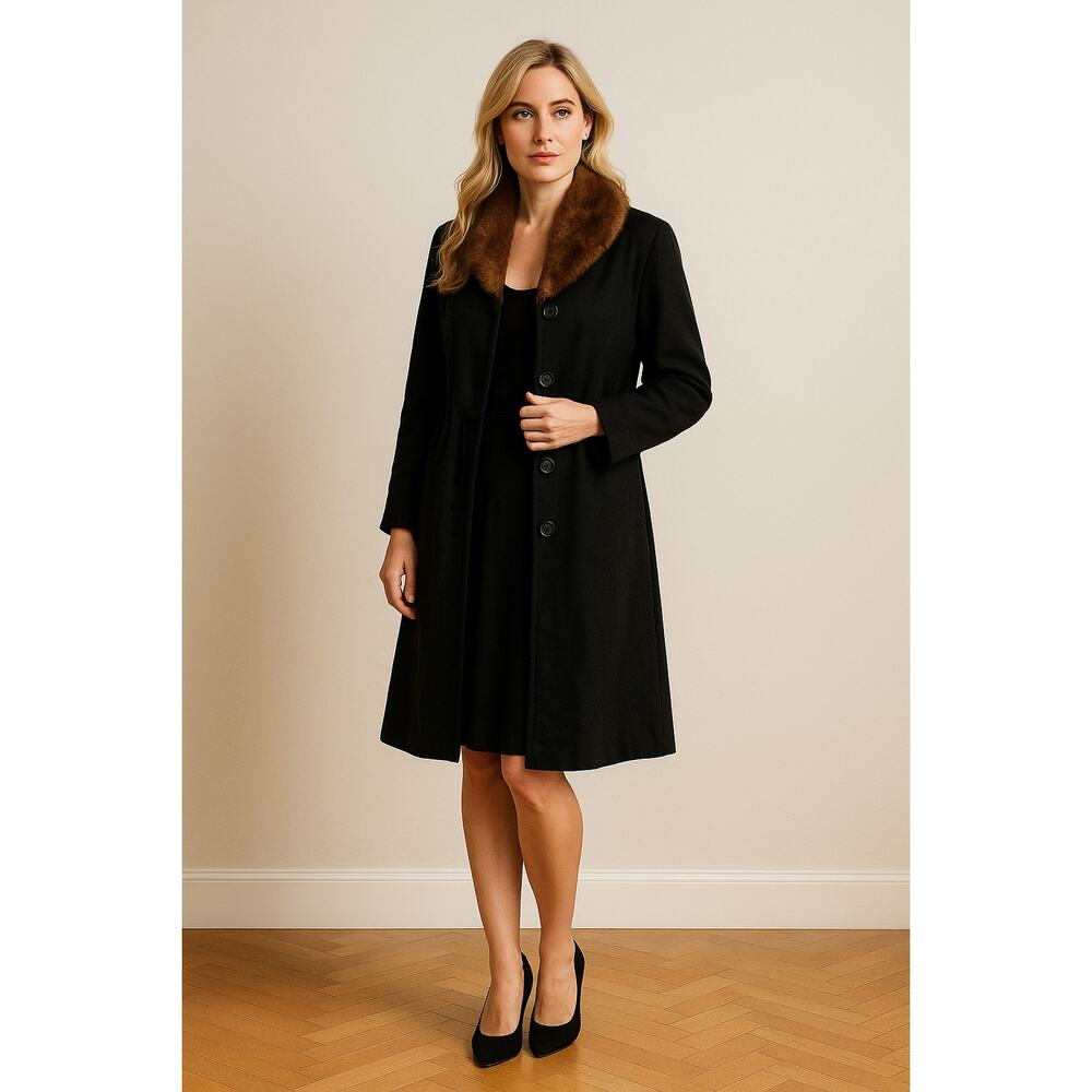 Vintage black wool fir trimmed‎ trench coat